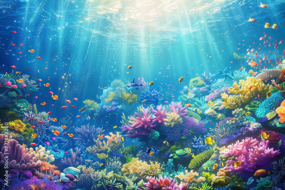 Fototapeta premium An exquisite underwater scene featuring vibrant coral reefs and diverse marine life bathed in sunlight
