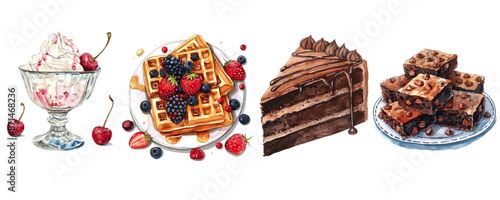 Watercolor Desserts with Sunday icecream, waffles, chocolate cake and brownies vectors