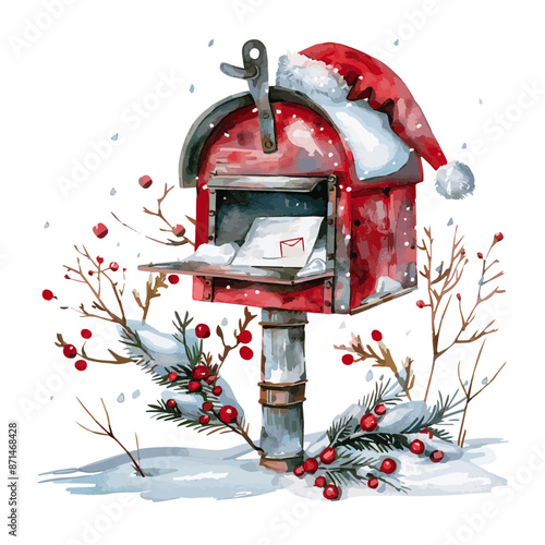a red mail box with mail and santa hat on the top with snow 