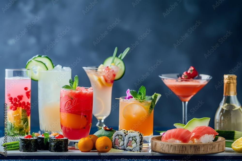 A variety of colorful cocktails on an isolated white table, arranged in glasses and wooden tray with navy blue background. The drinks include watermelon juice, lemonade, sparkling wine, sweet orange c A variety of colorful cocktails on an isolated white table, arranged in glasses and wooden tray with navy blue background. The drinks include watermelon juice, lemonade, sparkling wine, sweet orange c