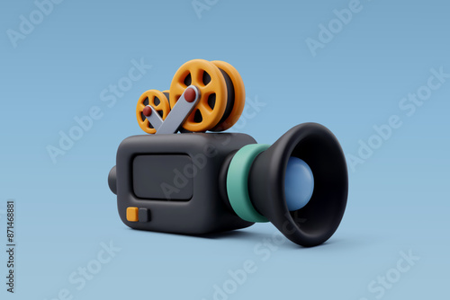 3d Vector Video camera with films, Film recorder, Movie, Clips, Entertainment equipment concept.