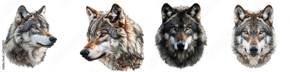 Obraz premium Detailed illustrations of four wolves showcasing different angles and fur colors. Ideal for wildlife-themed designs and educational materials.