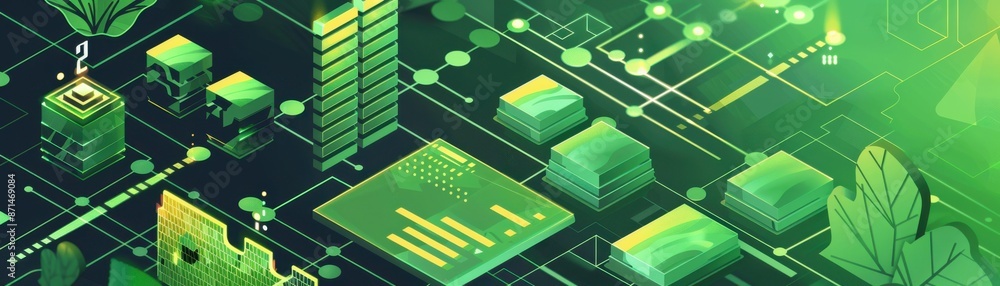 Fototapeta premium Green energy solutions, compromised blockchain node, financial collapse chart, flat design illustration