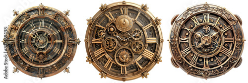 Set of three steampunk clock designs with intricate gears, showcased against a white background, ideal for vintage or industrial themes.