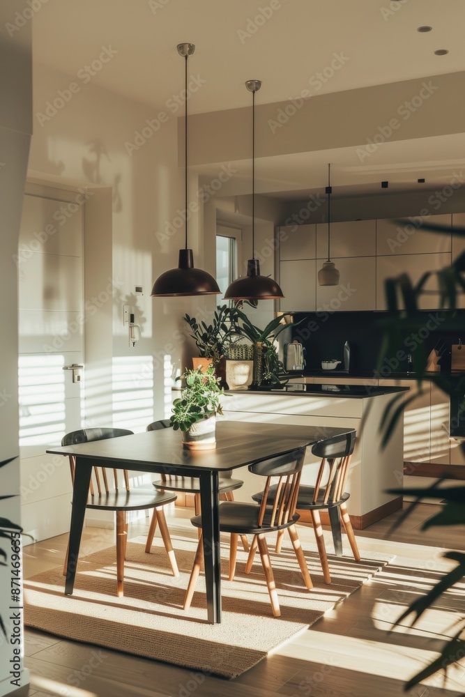 Interior of modern kitchen with black and white walls, tiled floor, beige countertops and wooden cupboards. Interior of modern kitchen with black and white walls, tiled floor, beige countertops and wooden cupboards.