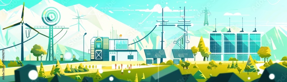 Strong blockchain network, energy storage for remote areas, green energy technology, flat design illustration Strong blockchain network, energy storage for remote areas, green energy technology, flat design illustration