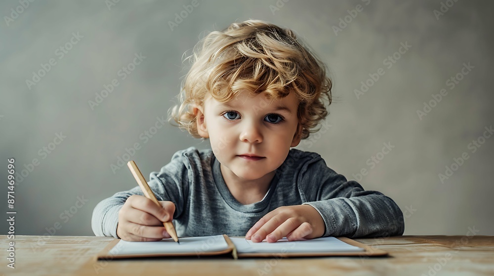 Portrait of cute little boy studying or writing in classroom at school. Back to school concept Portrait of cute little boy studying or writing in classroom at school. Back to school concept