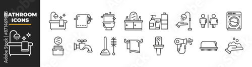 Set of 16 Bathroom line icons set. Bathroom outline icons with editable stroke collection. Includes bath, toilet, bidet, mirror, water tap. Laundry icon on white background flat vector illustration