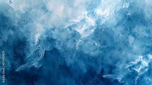 Abstract ocean-inspired painting with swirling shades of blue and white.
