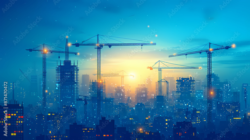 Silhouettes of cranes and skyscrapers against a vibrant blue and orange sunset in a bustling cityscape. Silhouettes of cranes and skyscrapers against a vibrant blue and orange sunset in a bustling cityscape.