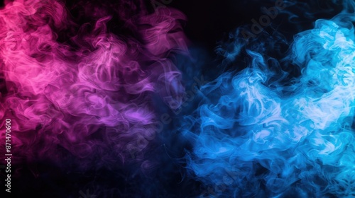 Abstract image featuring swirling pink and blue smoke against a dark background.