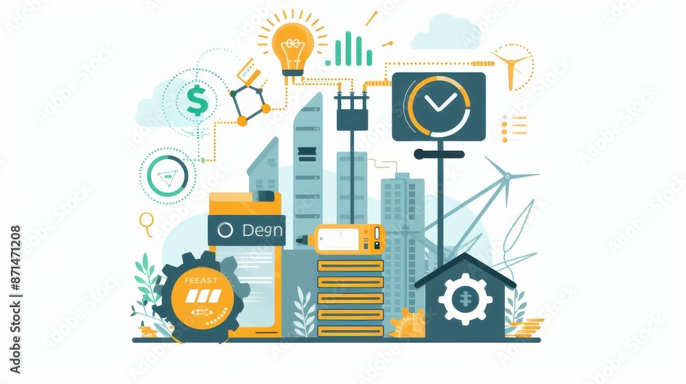 Financial success chart, environmentally friendly battery technology, hybrid energy storage system, flat design illustration Financial success chart, environmentally friendly battery technology, hybrid energy storage system, flat design illustration