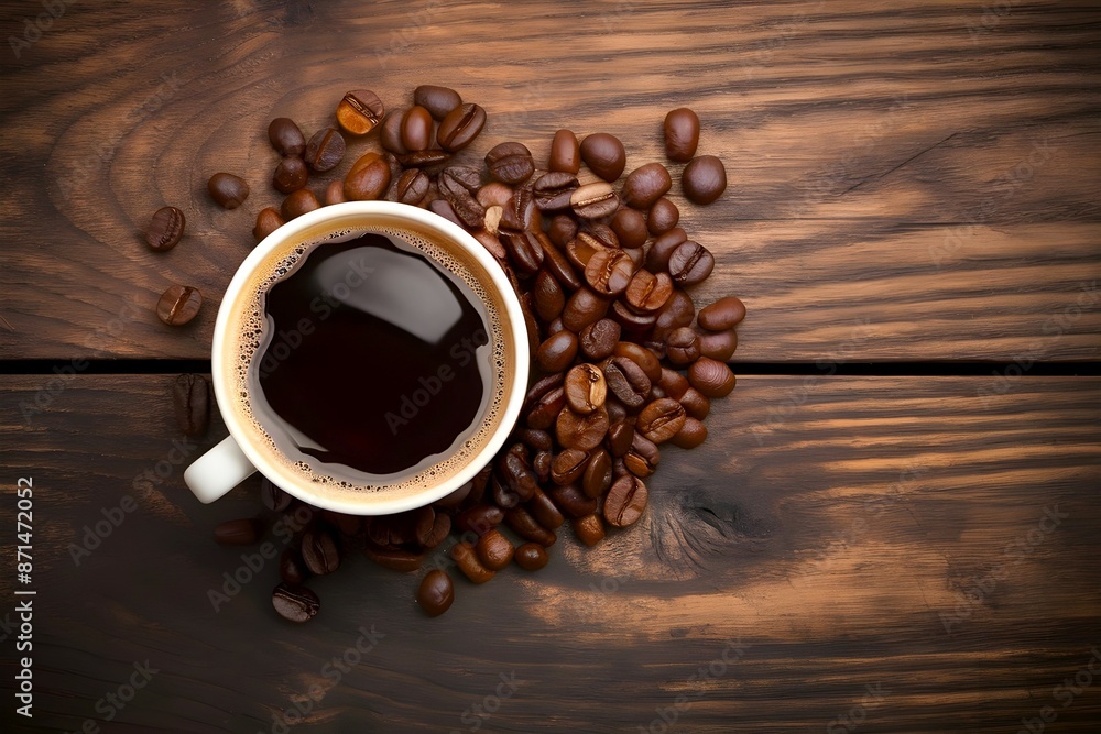 A cup of coffee along with coffee beans are served on wooden background A cup of coffee along with coffee beans are served on wooden background