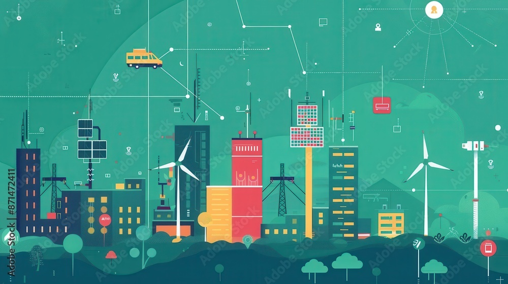 Sustainable tech solutions, wearable energy storage devices, blockchain analytics, flat design illustration