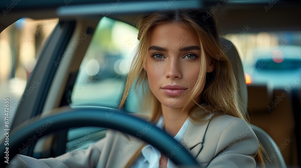 Portrait of a very beautiful woman, stylishly dressed, 30 years old, driving a respectable car Portrait of a very beautiful woman, stylishly dressed, 30 years old, driving a respectable car