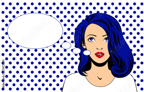 Beautiful girl with speech bubble on geometric background in minimalist style. The theme of communication and networking. Pop art concept. Vector illustration