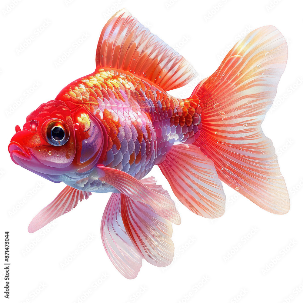 Fototapeta premium Vibrant, detailed image of a colorful goldfish with flowing fins and scales, perfect for aquatic and marine-themed designs.