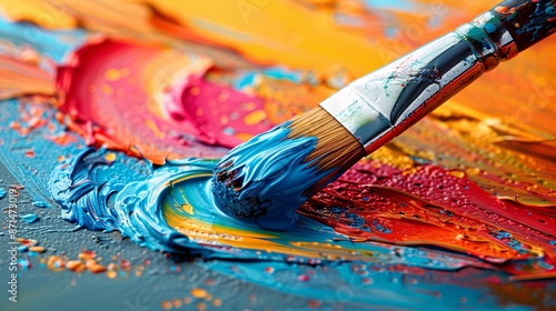 Paintbrush in the Act of Painting with a Vibrant, Colorful Streak of Paint Trailing Behind. Dynamic and Artistic Expression in Motion
