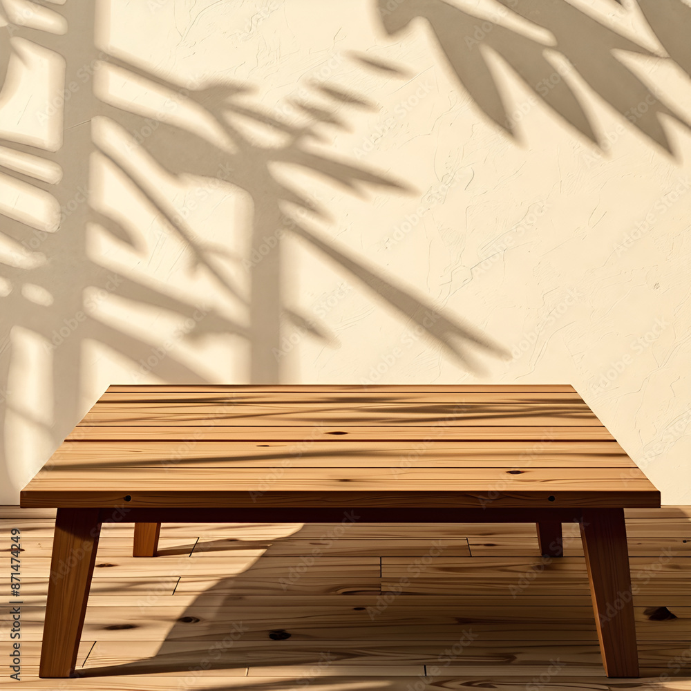 Empty wood table top on beige wall texture with tree leaves shadow background Empty wood table top on beige wall texture with tree leaves shadow background