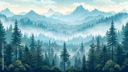 Mountain ridges in the distance surrounded by forest illustration