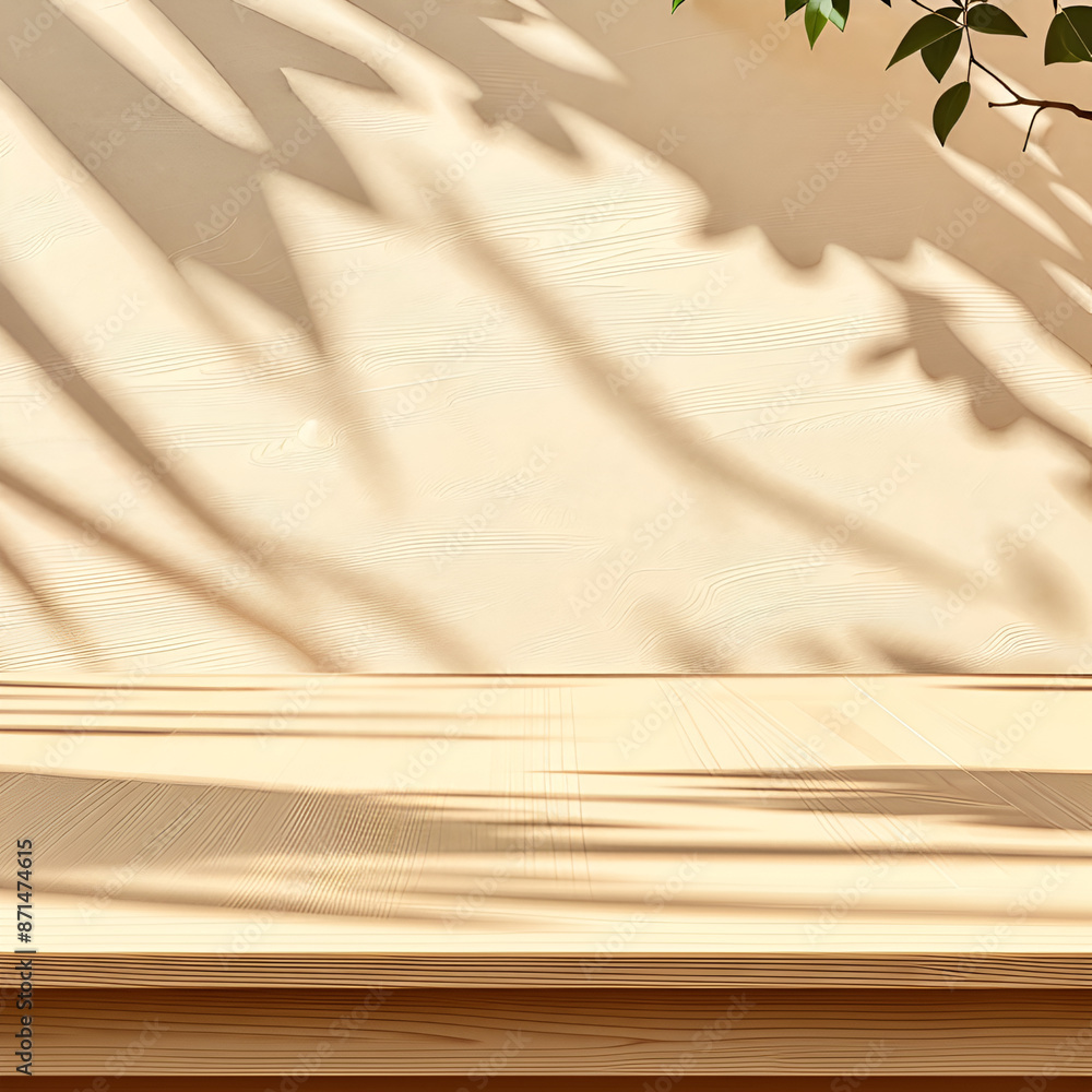 Empty wood table top on beige wall texture with tree leaves shadow background Empty wood table top on beige wall texture with tree leaves shadow background