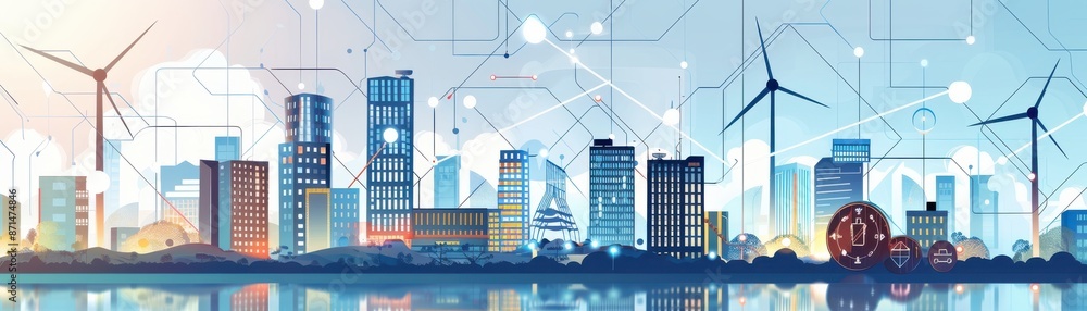 Obraz premium Blockchain vulnerability, energy storage for disaster areas, sustainable tech, flat design illustration