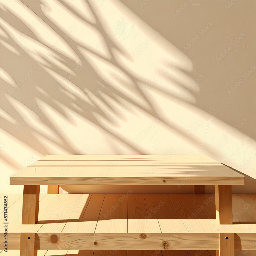 Empty wood table top on beige wall texture with tree leaves shadow background Empty wood table top on beige wall texture with tree leaves shadow background