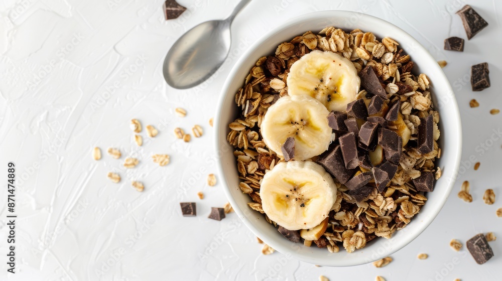 Chocolate smoothie bowl with bananas, granola and chocolate on light gray concrete background. Healthy vegetarian breakfast. Top view. Chocolate smoothie bowl with bananas, granola and chocolate on light gray concrete background. Healthy vegetarian breakfast. Top view.