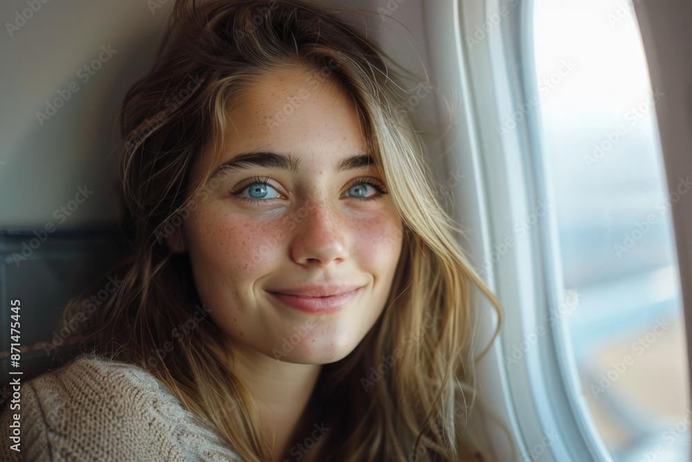 The young woman at the plane window looks at the camera The young woman at the plane window looks at the camera