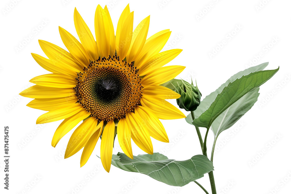 Fototapeta premium yellow sunflower with leaf isolated on transparent background