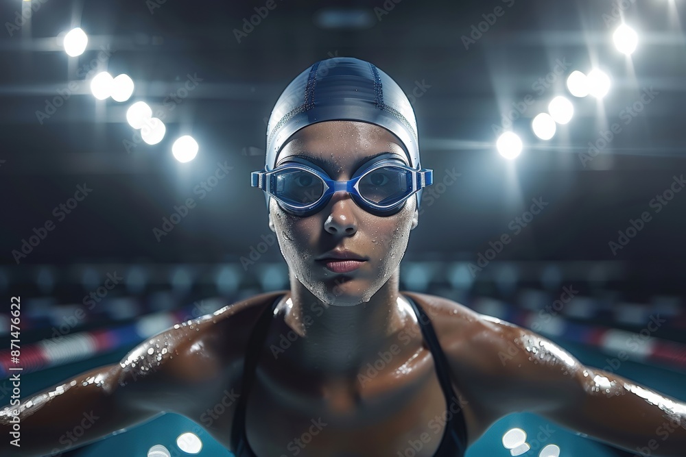Studio portrait of a world-class swimmer, water droplets highlighting their defined facial features. Studio portrait of a world-class swimmer, water droplets highlighting their defined facial features.
