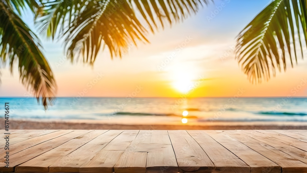 Wooden table with blurred background palm leaves and beach during sunset. Generative ai