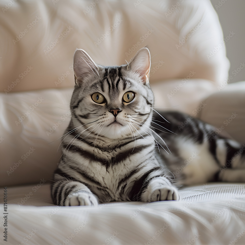 A chubby, cute male American Shorthair cat lies on the white sofa and looks ahead. A chubby, cute male American Shorthair cat lies on the white sofa and looks ahead.