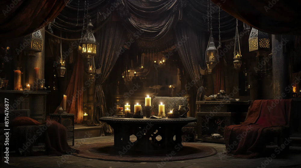 Mystical fortune tellers in a draped parlor setting. Fantasy wallpaper Mystical fortune tellers in a draped parlor setting. Fantasy wallpaper