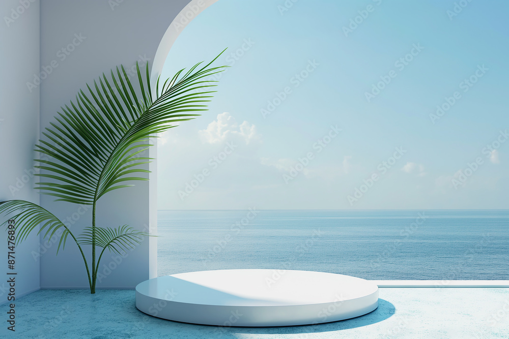 Obraz premium Empty Podium With Palm Leaf Overlooking Tranquil Seascape