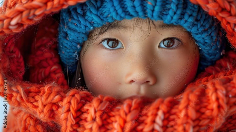 Close-up of a child wrapped in a warm, colorful winter scarf and hat, highlighting their expressive eyes and cozy warmth. Close-up of a child wrapped in a warm, colorful winter scarf and hat, highlighting their expressive eyes and cozy warmth.