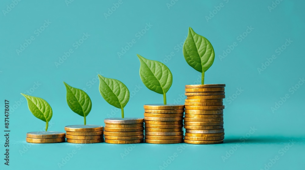 Stacks of coins with growing green leaves on a blue background representing economic growth and sustainable investment Stacks of coins with growing green leaves on a blue background representing economic growth and sustainable investment