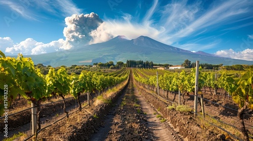 A picturesque view of lush vineyards in Sicily, with Mount Etna rising majestically in the background. The volcanic landscape creates a dramatic backdrop for the rolling hills and vibrant green vines