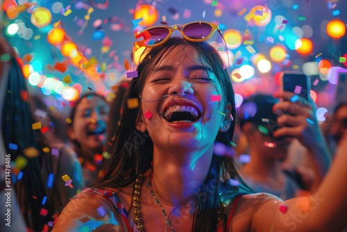 The joyful young women in the bar at night photo