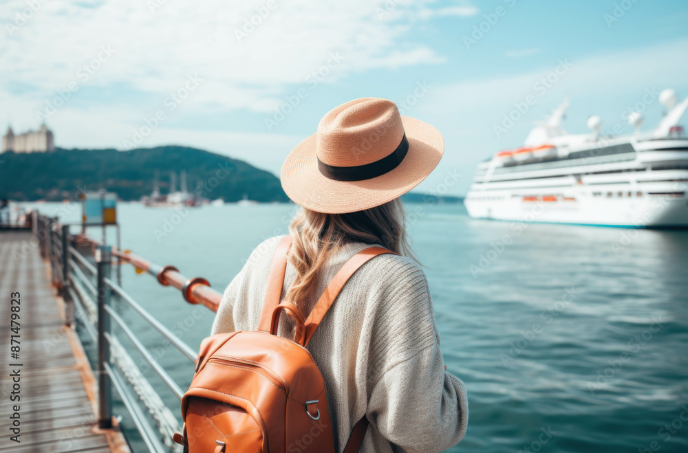 Obraz premium Female tourists stand waiting for a yacht to go on a holiday trip