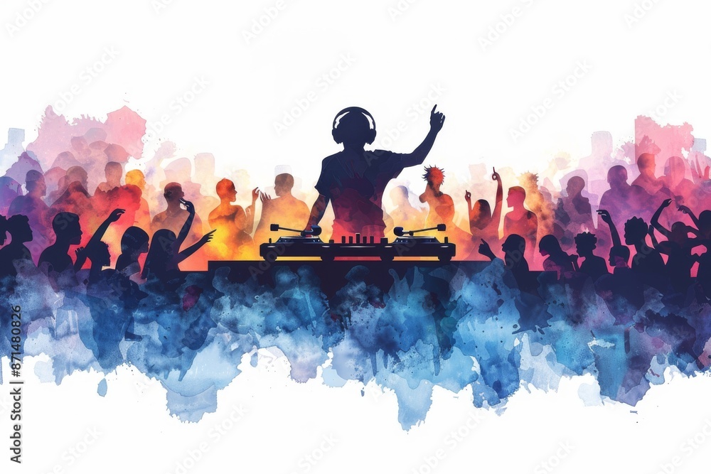 Φωτογραφία DJ silhouette raising hands in front of a colorful crowd at a music festival cre