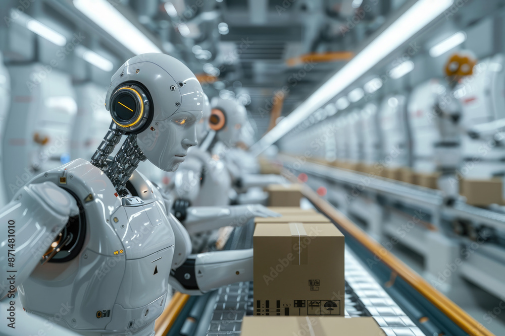 Fototapeta premium Artificial intelligence robots sort goods