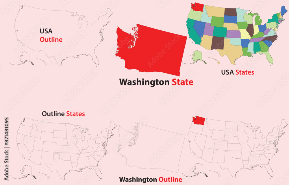 Obraz premium Washington map vector of usa, Washington line map, Washington with city map, Washington outline map