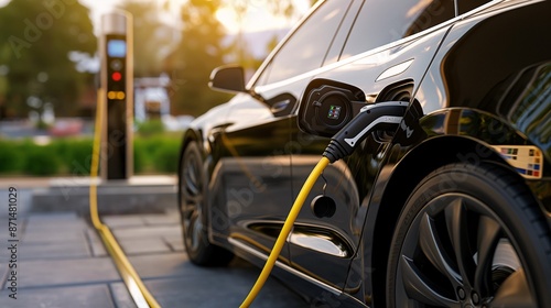 A close-up of an electric car charging, showing the power cord plugged into the charging station © Oranee 