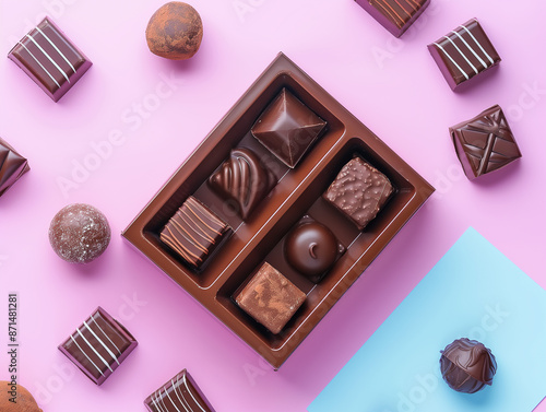 Leckere Schokopralinen in einer Verpackung. Präsentiert auf neutralen Hintergrund Schokolade Essen Süßigkeiten Geschenk Valentinstag photo