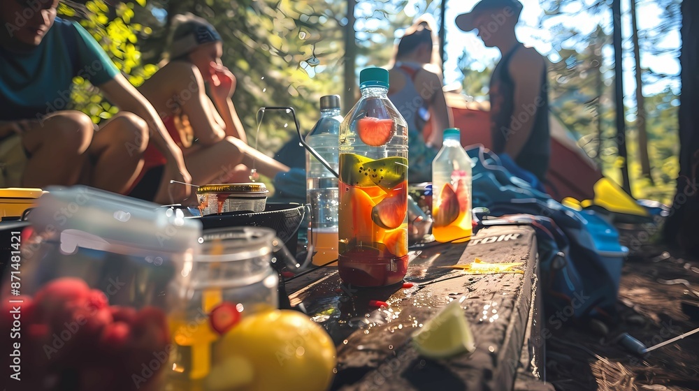 Naklejka premium Campers refilling their water bottles and making fresh fruit-infused water.