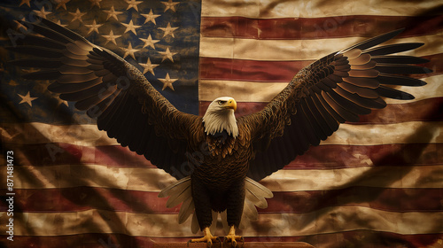 An eagle standing on an american flag with its wings spread out, in the background is stars and stripes,Generative AI