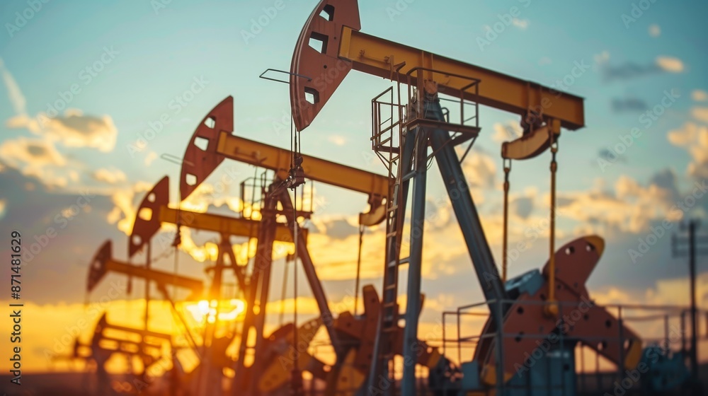 Oil pump jacks in operation with a dynamic sunset in the background, representing energy and fuel production Oil pump jacks in operation with a dynamic sunset in the background, representing energy and fuel production