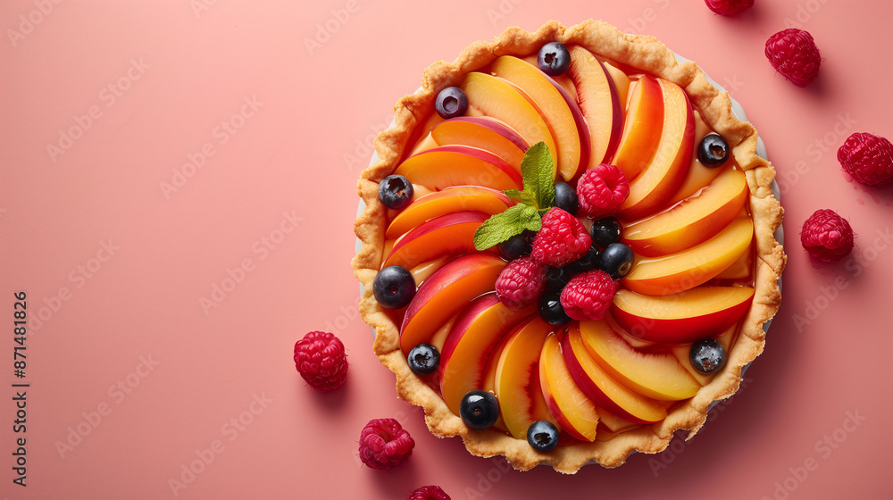Elegant Fruit Tart with Peaches and Berries, Great for Event Catering Elegant Fruit Tart with Peaches and Berries, Great for Event Catering