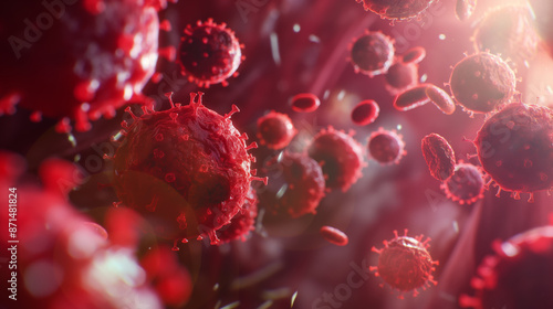 Vibrant 3D rendering of virus cells in a bloodstream to raise awareness for bloodborne diseases and the importance of vaccinations.